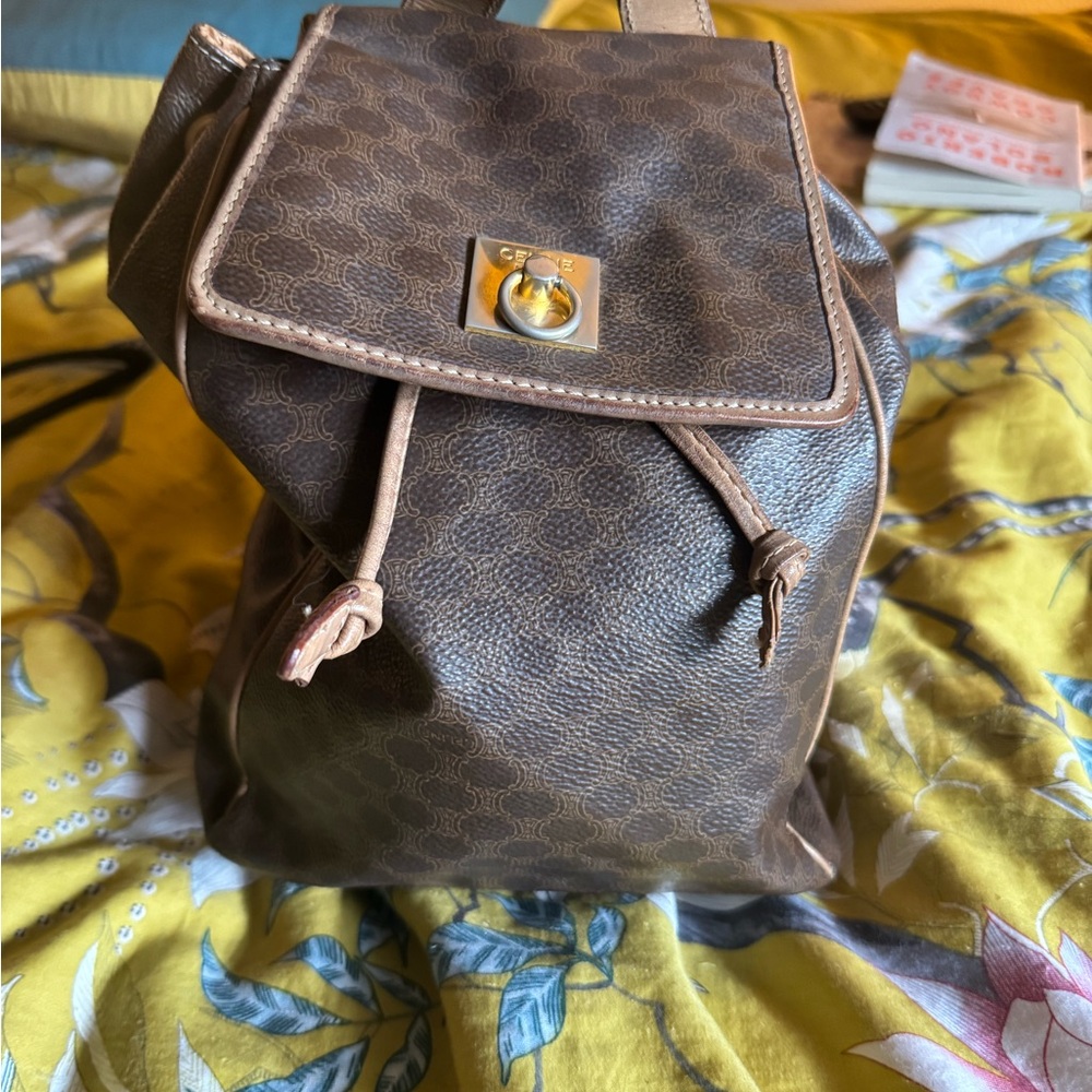 Celine Brown Monogram Shoulder Bag with Gold-Tone Ring Detail